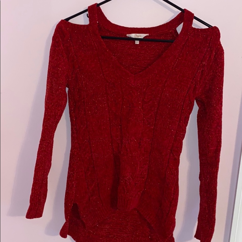 Red Multi-Colored Thread Cut Out Sweater